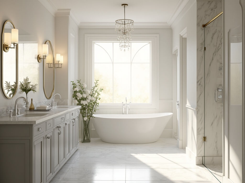 "Luxurious master bathroom with freestanding tub, marble countertops, herringbone flooring and modern fixtures bathed in warm morning light"