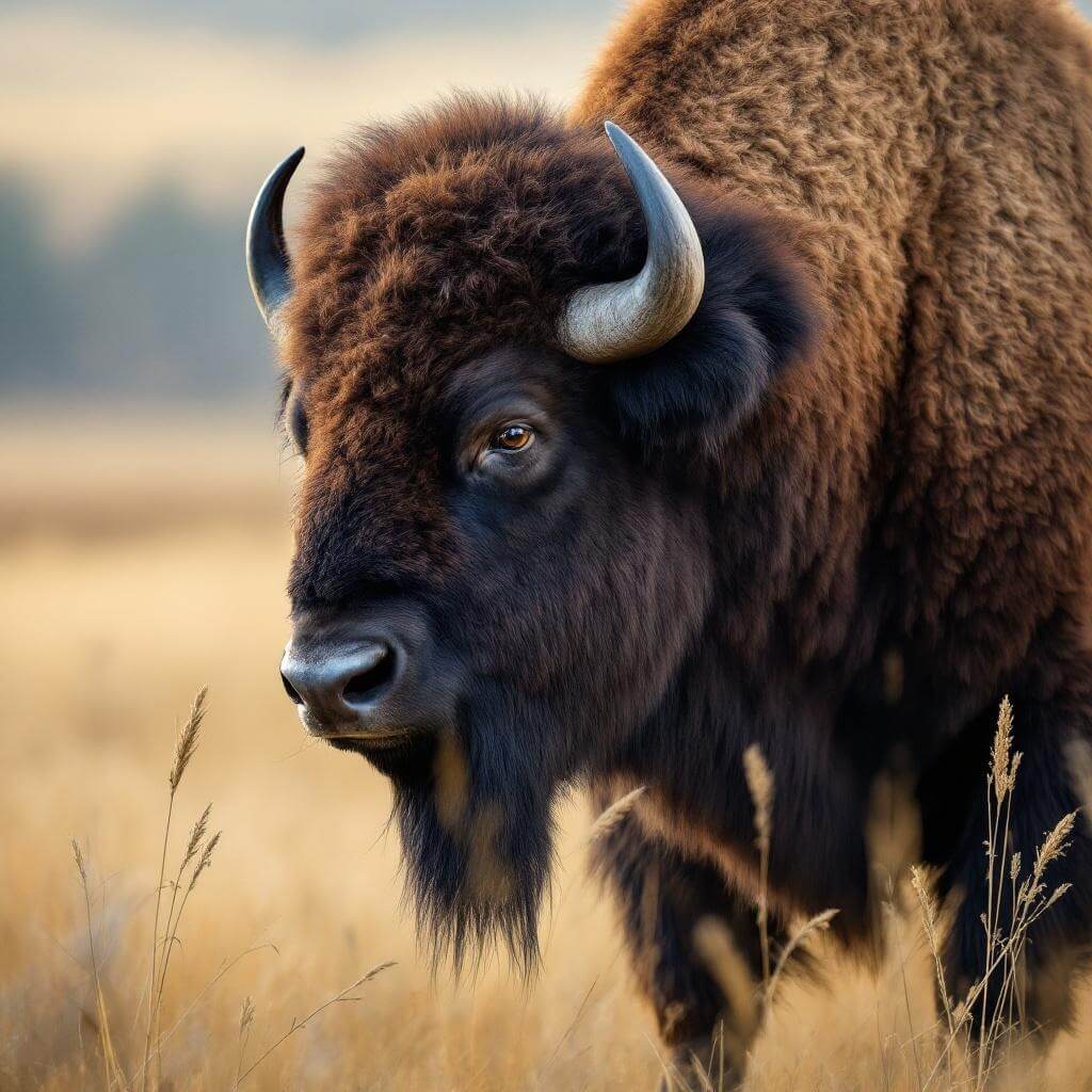 Close-up shot of a majestic American bison bull in prairie grasses with detailed fur texture and powerful stance