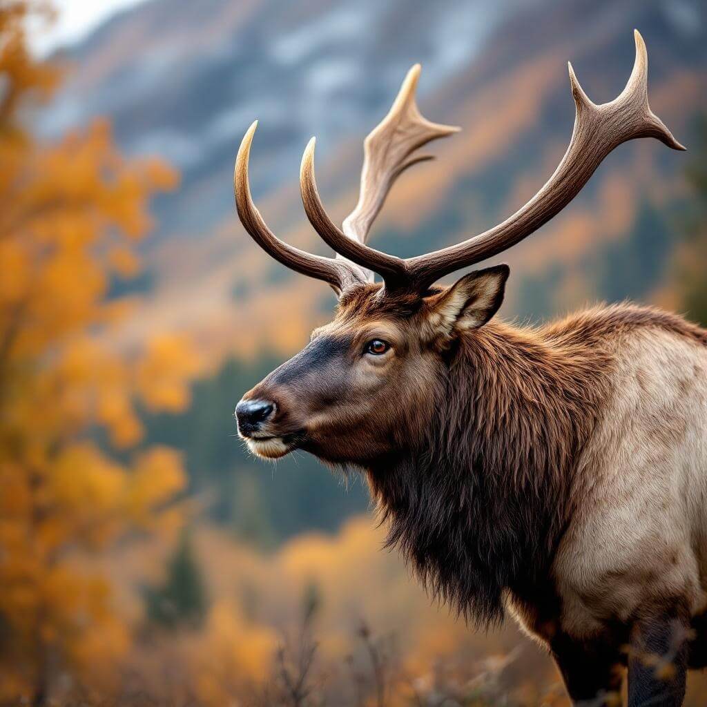 Close-up of a strong bull elk with large antlers during autumn rut season, with a blurred fall mountain landscape in the background