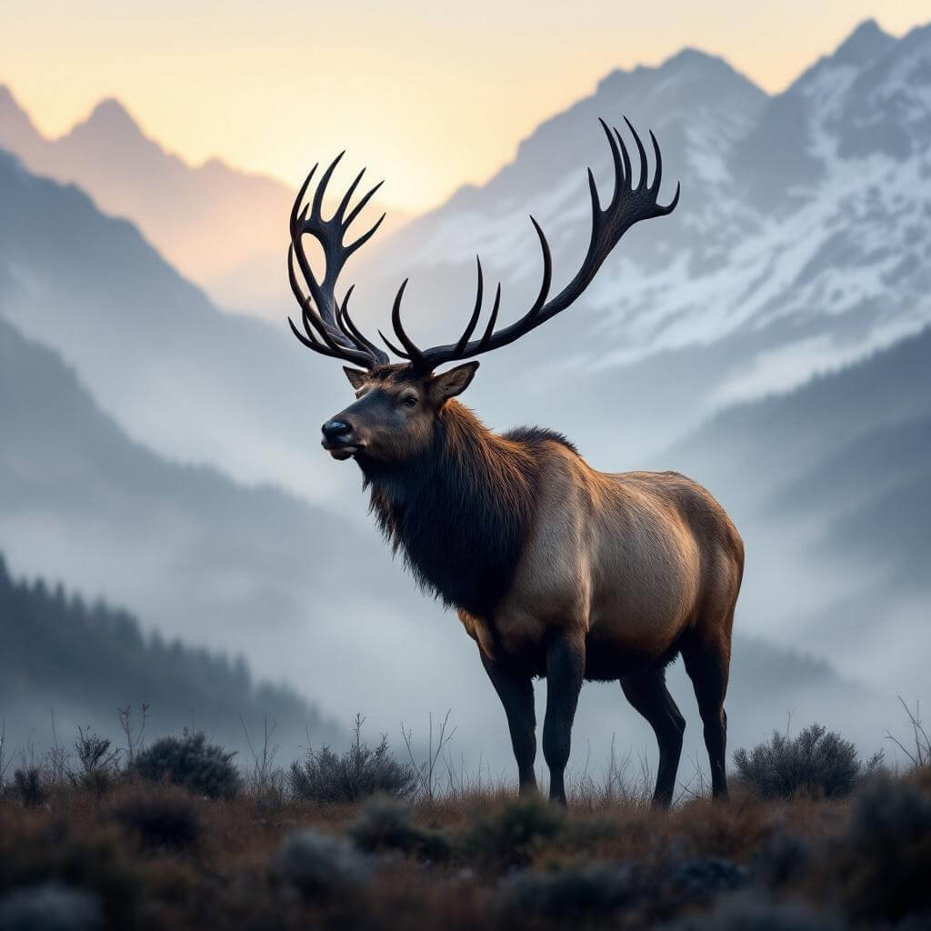 Majestic bull elk silhouetted in morning mist against ancient mountain ranges, golden sunlight filtering through mist, detailed wilderness background