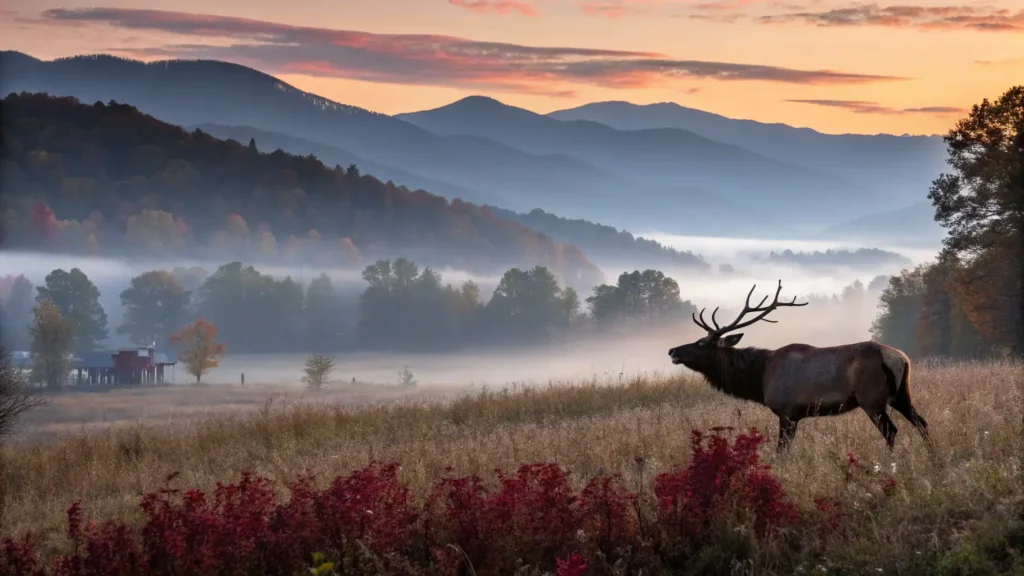 "Majestic bull elk silhouetted against sunrise in misty Cataloochee Valley, Great Smoky Mountains, with autumn foliage and historic buildings in background"