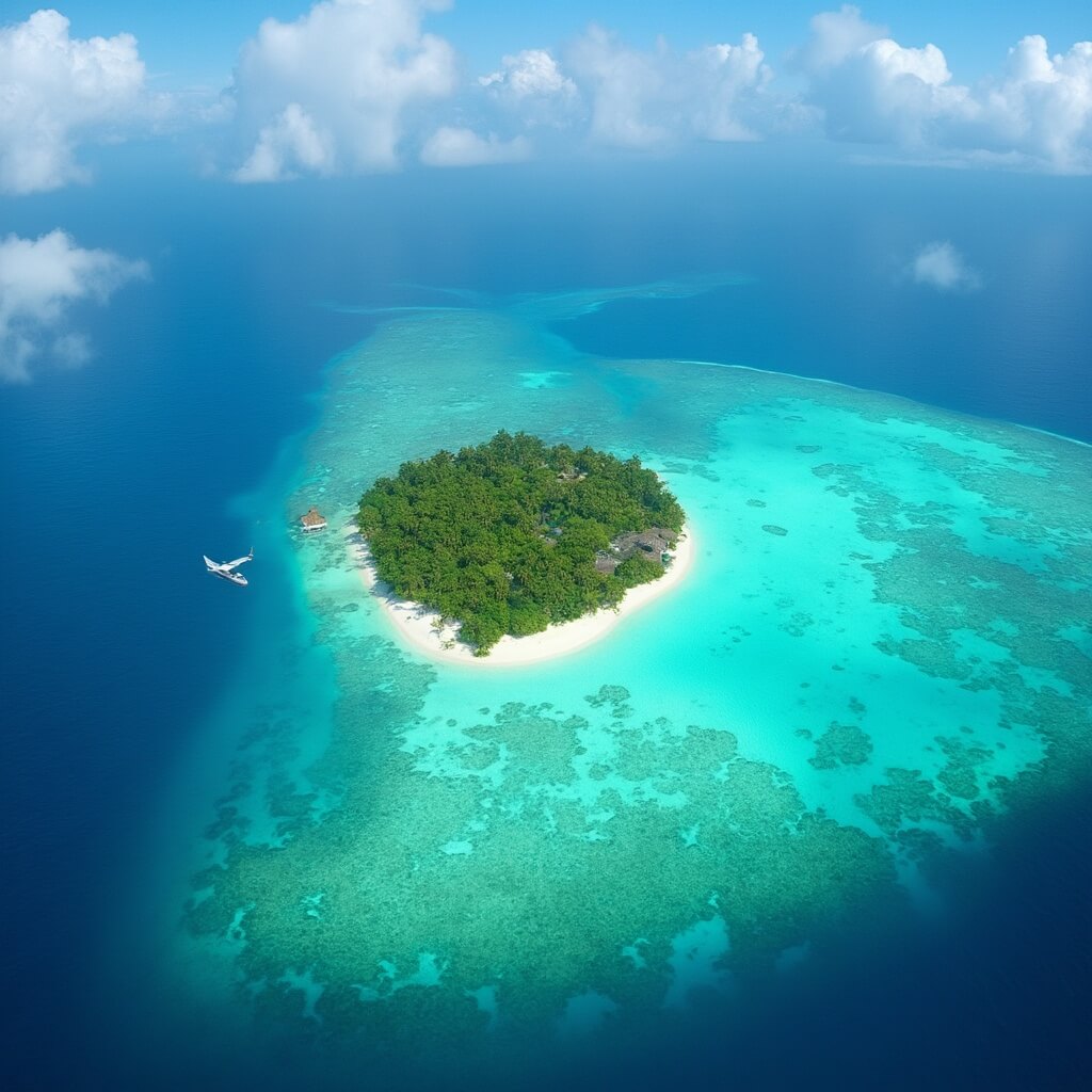 Aerial view of a small green Maldivian island surrounded by vast blue ocean and visible coral reefs from a seaplane