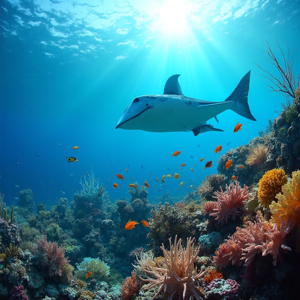 Vibrant coral reefs and colorful tropical fish in crystal clear waters of Maldives with a distant manta ray, showcasing underwater biodiversity