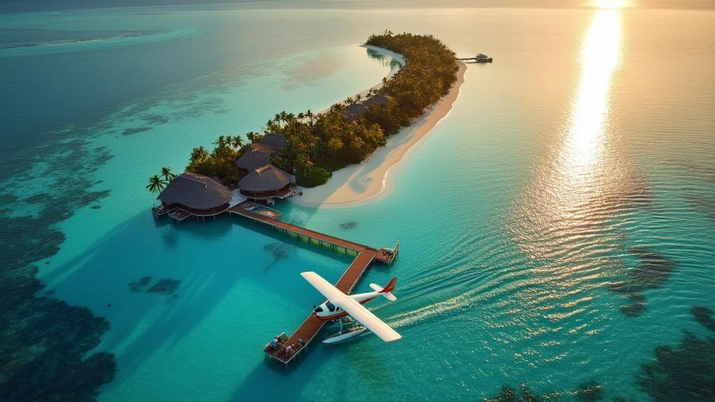 "Aerial view of a Maldivian atoll at golden hour, featuring a luxury overwater bungalow resort, seaplane landing on turquoise lagoon, white-sand islands, palm trees, and visible coral reefs."