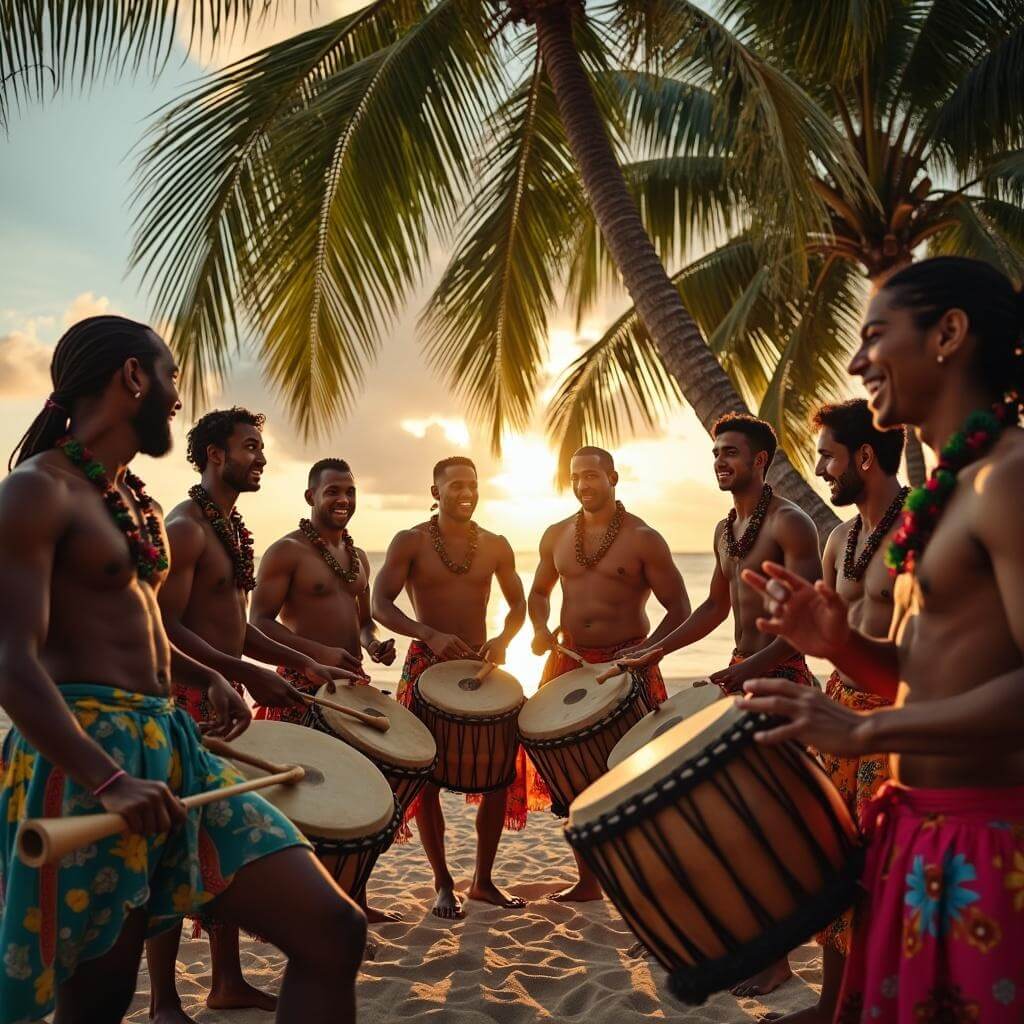 Local Maldivian drummers performing traditional Boduberu music on a beach at sunset, wearing colorful sarongs, surrounded by swaying palm trees and expressing candid emotions