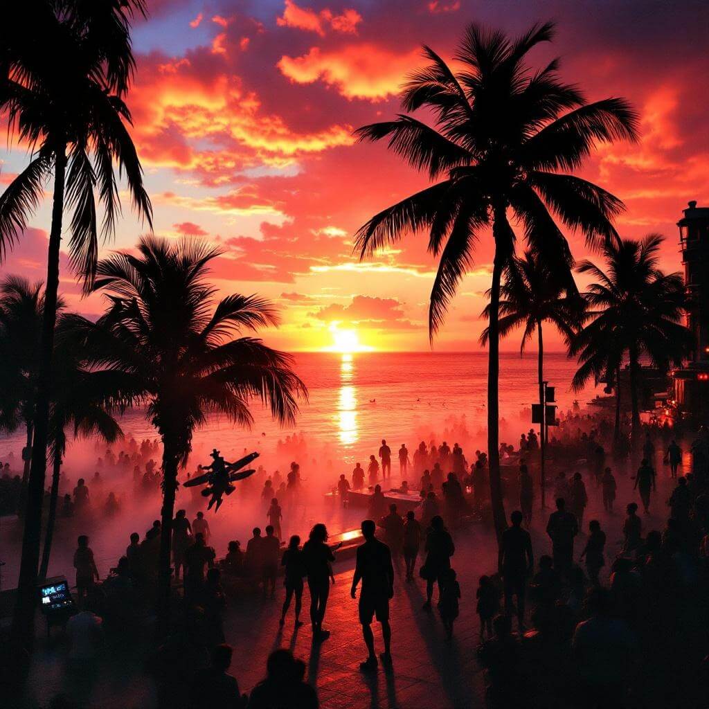 Street performers and crowd enjoying a vibrant sunset at Mallory Square during the famed daily celebration