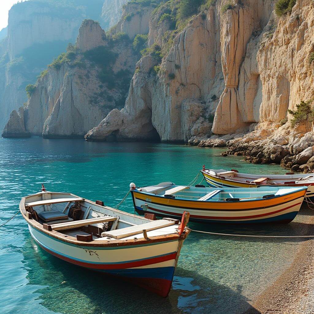 Traditional wooden fishing boats in turquoise waters at Marina Piccola Beach, surrounded by limestone cliffs in morning light