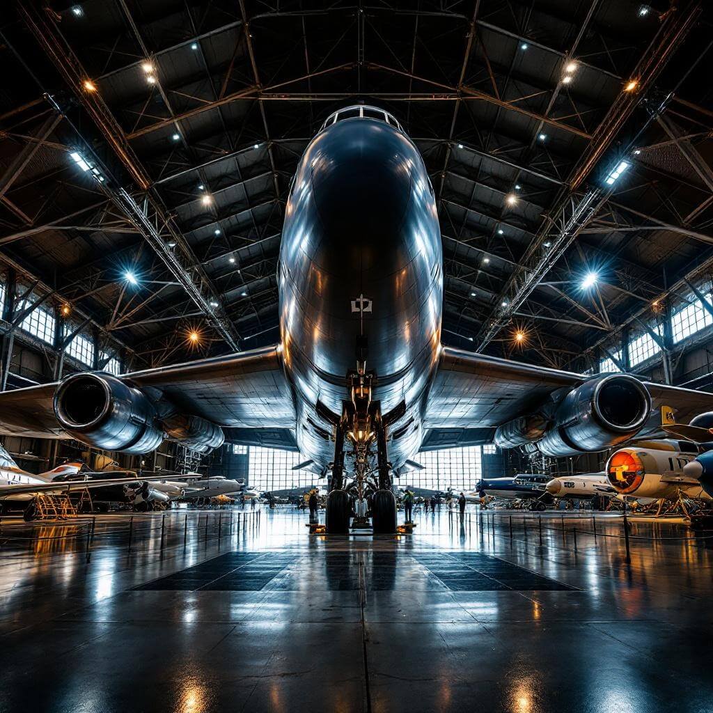 B-52 Stratofortress bomber displayed in a museum hangar with its immense wingspan highlighted under dramatic lighting alongside other historic aircraft