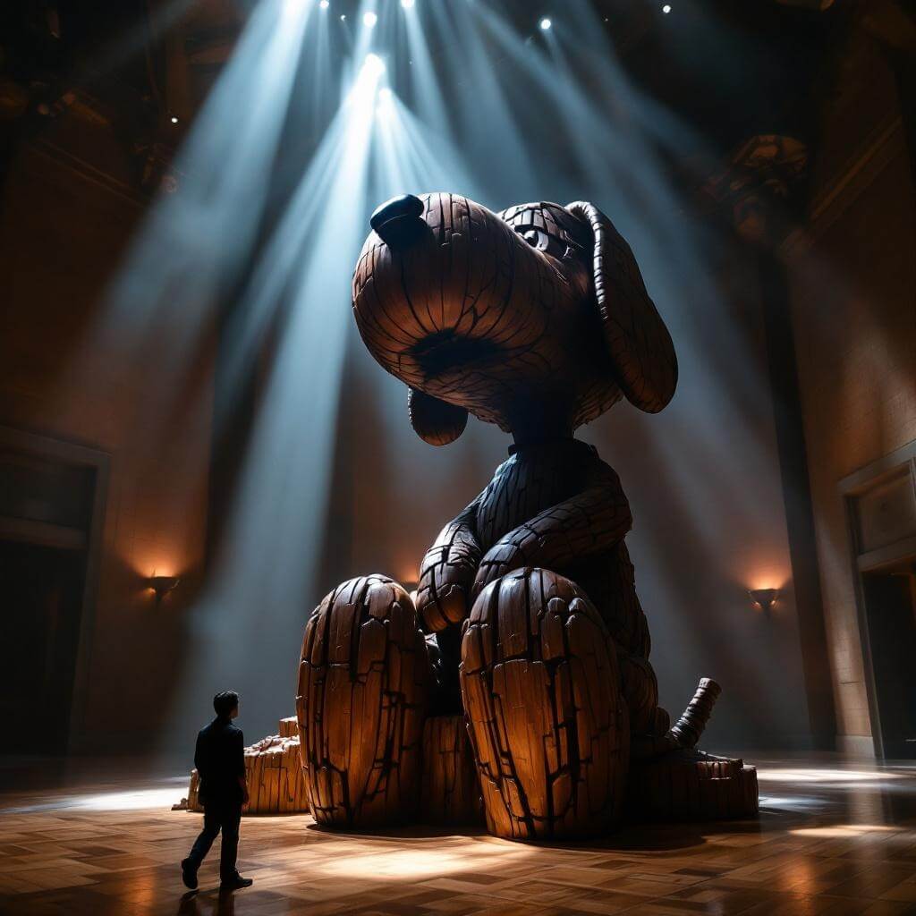 Massive 3.5-ton wooden Snoopy sculpture by Yoshiteru Otani in museum Great Hall, illuminated dramatically by museum lighting emphasizing intricate wood carving details, viewed from a low angle perspective