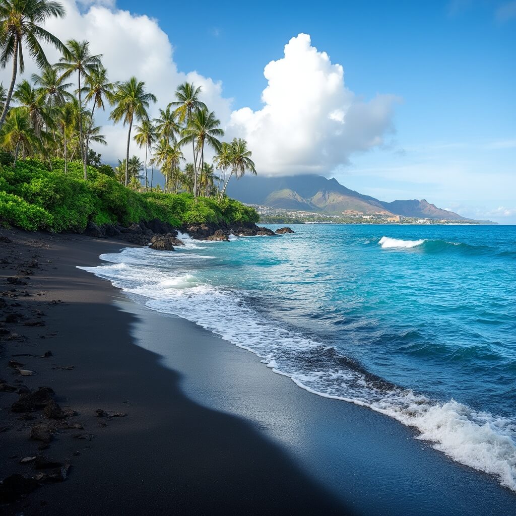 Black sand beach in South Maui with clear turquoise waters, lush greenery, palm trees and volcanic mountains under Hawaiian sunlight