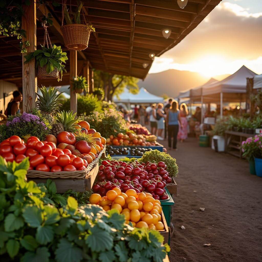 Morning farmers market in Upcountry Maui with colorful local produce, tropical fruits, flowers, wooden stalls, and Haleakala mountain in the background