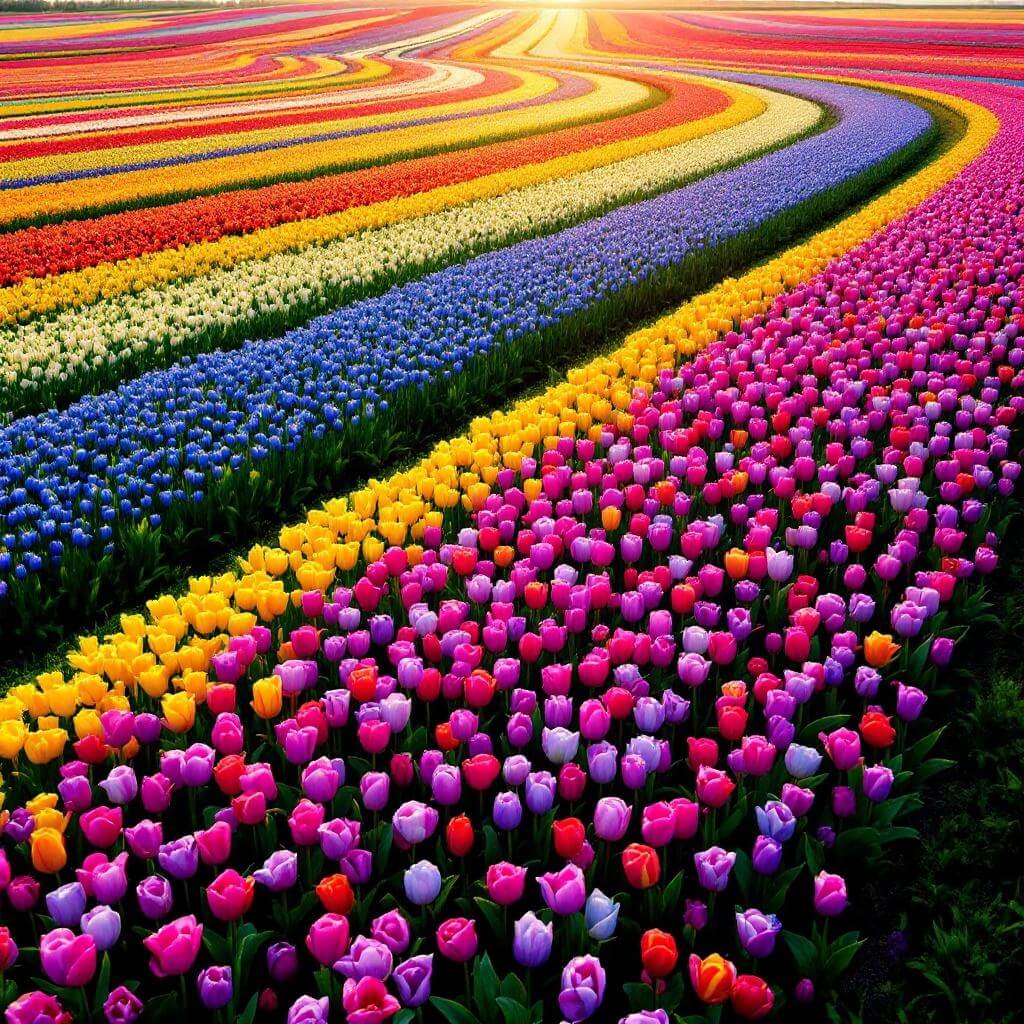 Millions of colorful tulips in full bloom arranged in geometric rows across a lush green field in Holland, Michigan