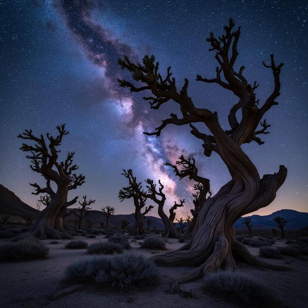Nighttime image of the Milky Way arching over ancient bristlecone pine trees in Great Basin National Park, reflecting purple and blue hues with foreground lit by moonlight.