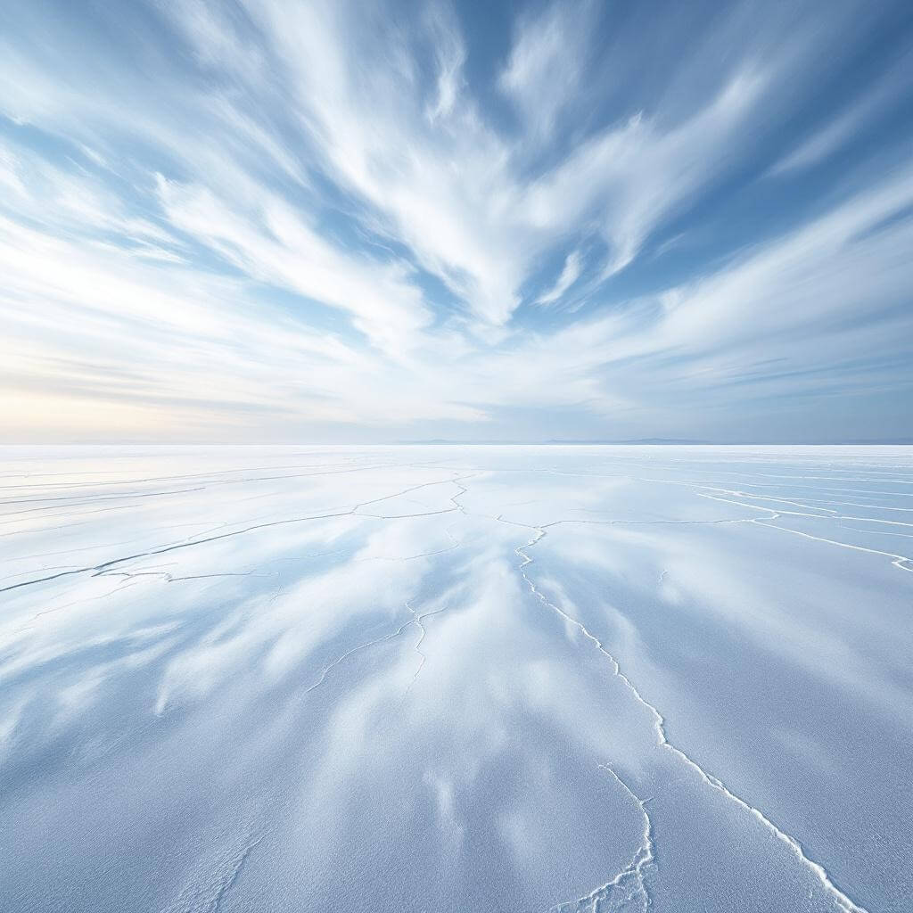 Salt flat landscape mirroring a dramatic sky with wispy clouds blending seamlessly with earth in soft, ethereal lighting