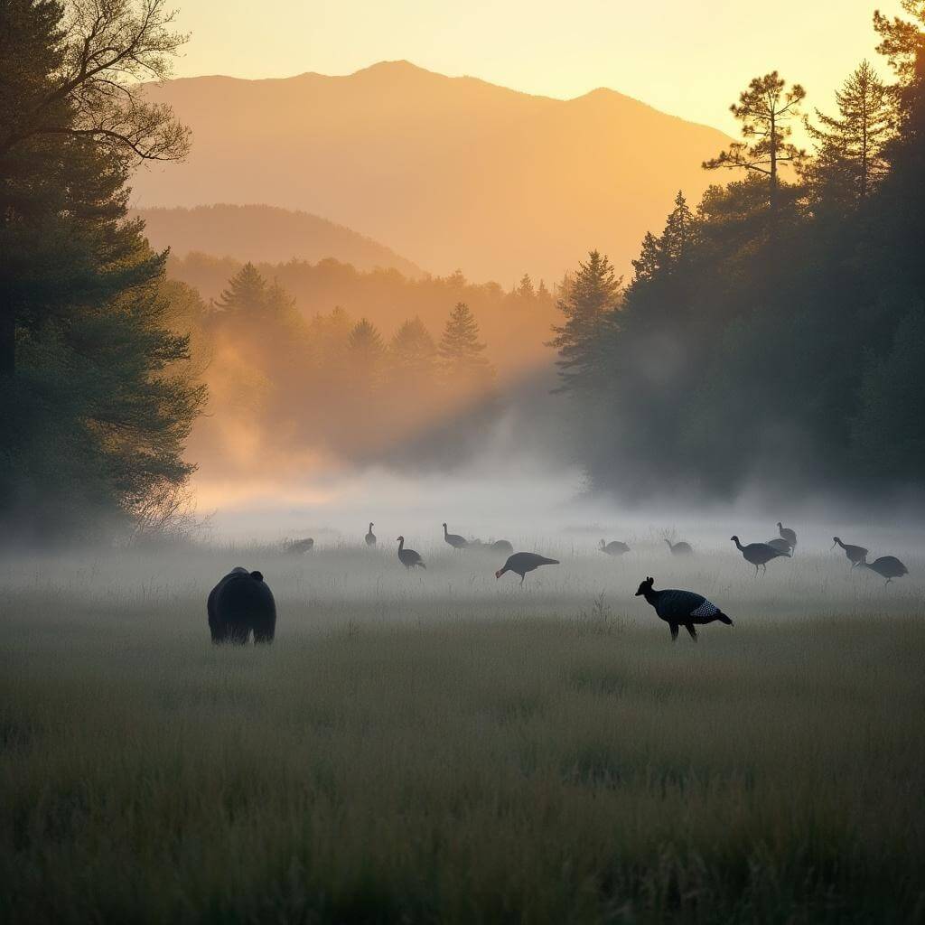 Black bear in distant meadow of foggy Cataloochee Valley with wild turkeys foraging in foreground and sunrise light filtering through fog over mountains