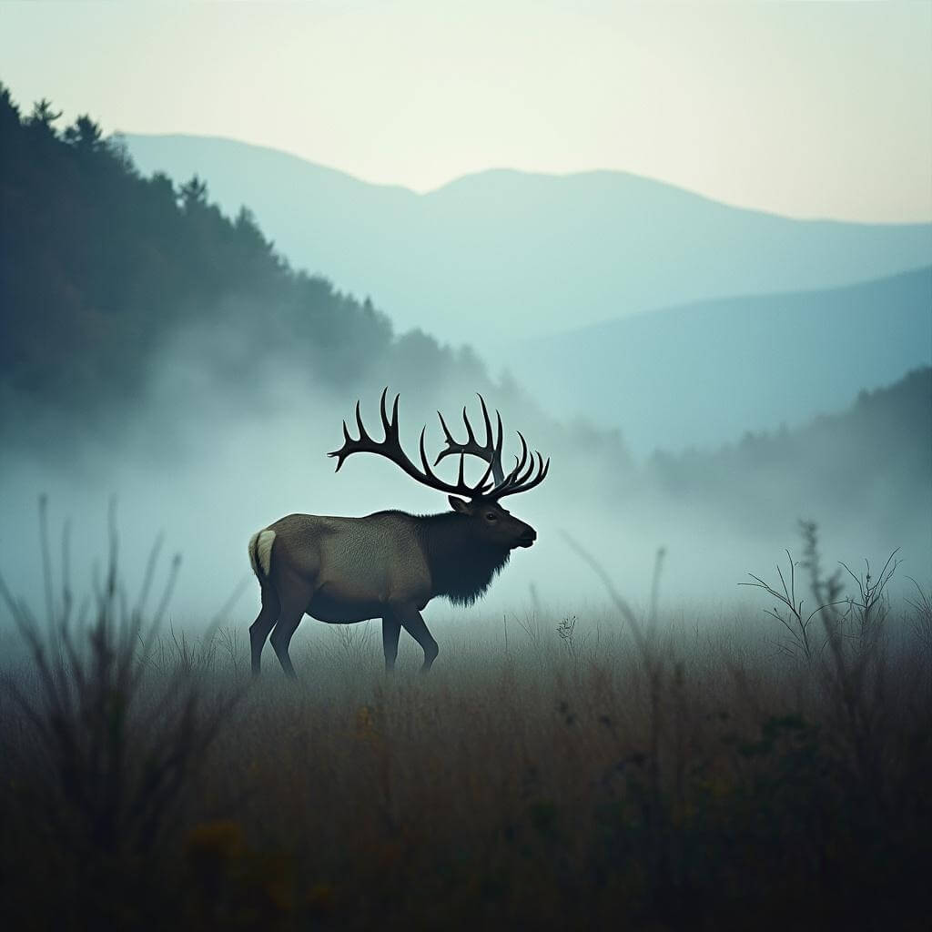 Majestic bull elk emerging from dense morning mist at dawn in Cataloochee Valley's dewey mountain meadow with faint mountain ridges in the background