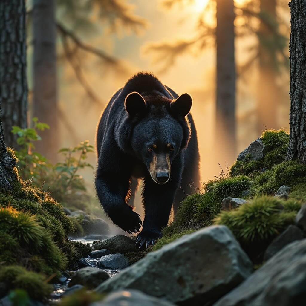 Black bear exploring a misty mountain forest at sunrise, amidst moss-covered rocks and pine trees, under soft golden light, as captured through a telephoto lens
