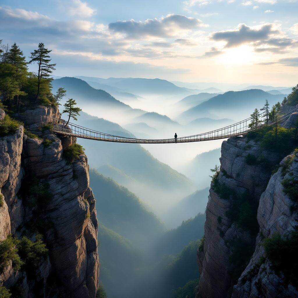 Mile-High Swinging Bridge over rocky chasm with misty Blue Ridge Mountains in the background and soft morning light illumination
