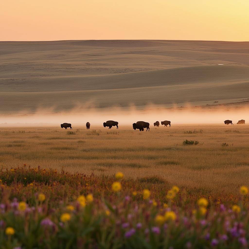 Sunrise over a tallgrass prairie with mist, grazing bison herd, and wildflowers