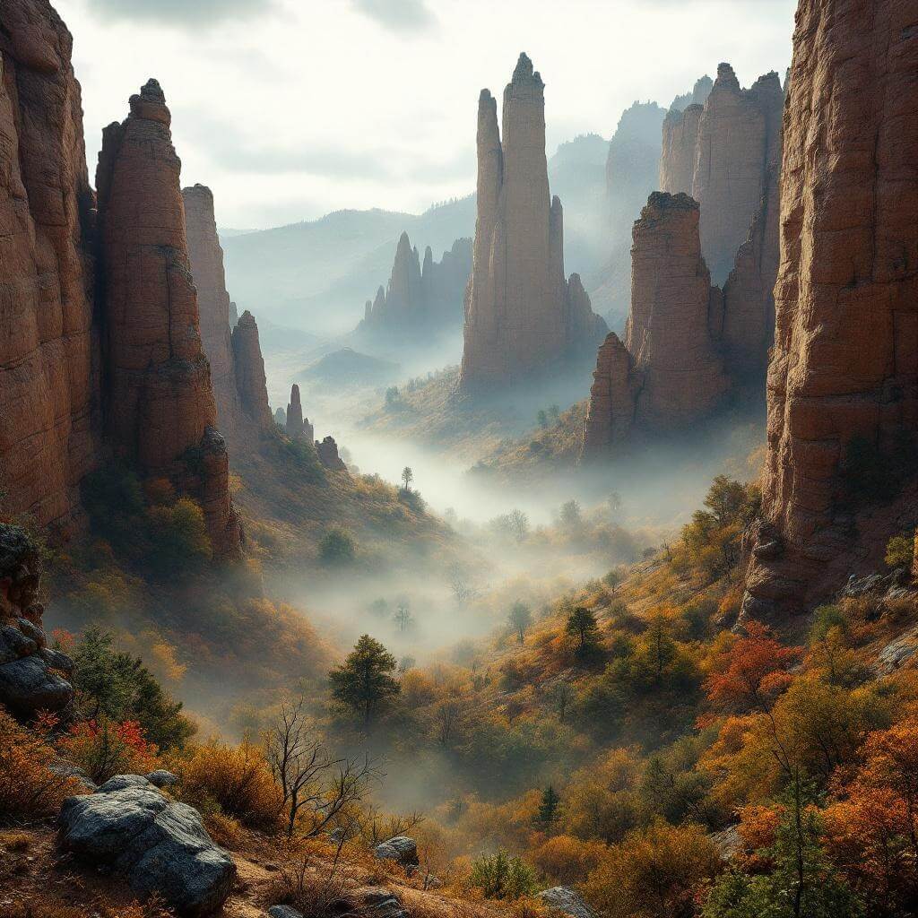 Misty autumn morning showcasing towering sandstone pillars protruding from the fog, illuminated by dramatic natural lighting, wide angle view emphasizing the massive scale and rugged beauty of the uninhabited landscape