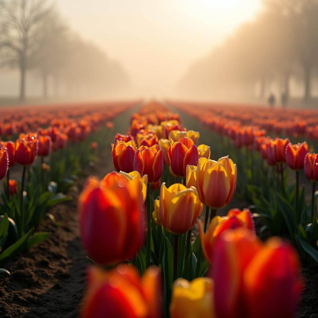 Misty morning in red and yellow tulip field with dewdrops and golden sunlight creating ethereal atmosphere