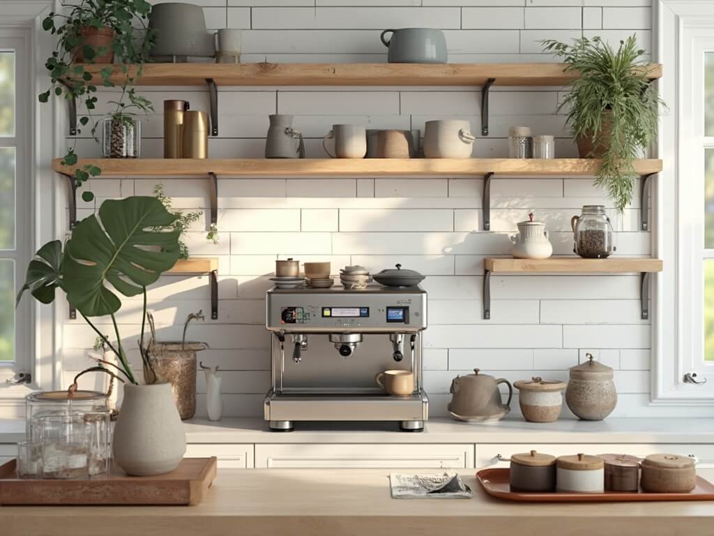 "Modern farmhouse coffee station with cedar wood shelves, marble countertop, professional espresso machine, artisanal ceramic mugs, and vintage brass canisters in soft morning light"