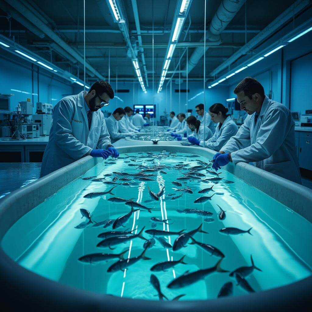 Staff in white coats examining young fish in rows of circular tanks under blue lighting in a modern fish hatchery laboratory