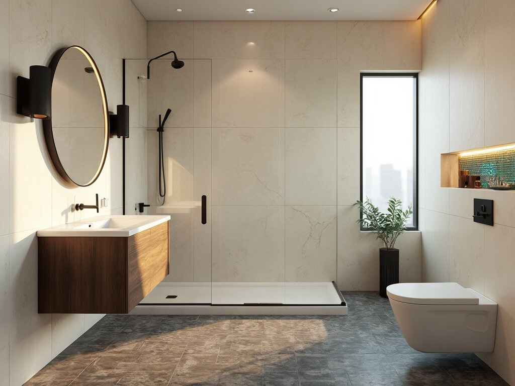 "Luxurious small bathroom with cream marble walls, a floating walnut vanity, a frameless glass shower with blue-green mosaic tiles, and chrome fixtures, lit by soft warm golden hour light."
