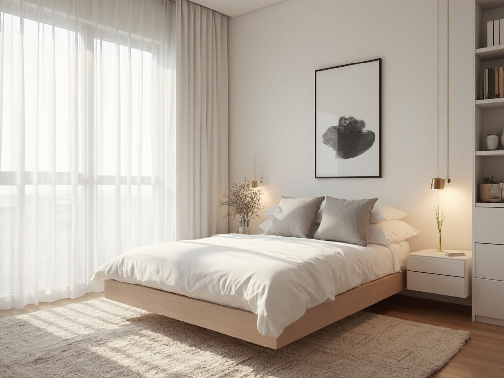 "Minimalist modern bedroom with warm morning light, low-profile oak bed, floating nightstands, and white decor details."