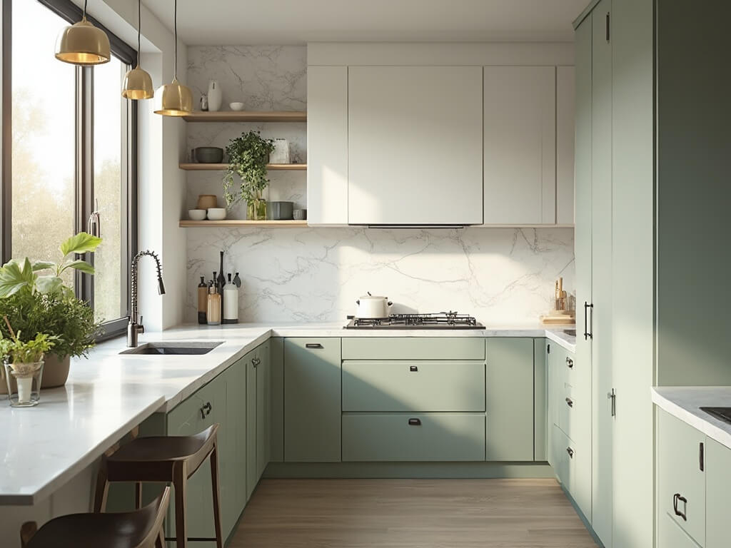 "Modern compact kitchen with two-tone cabinetry, white quartz countertops, and brass pendant lights over island"