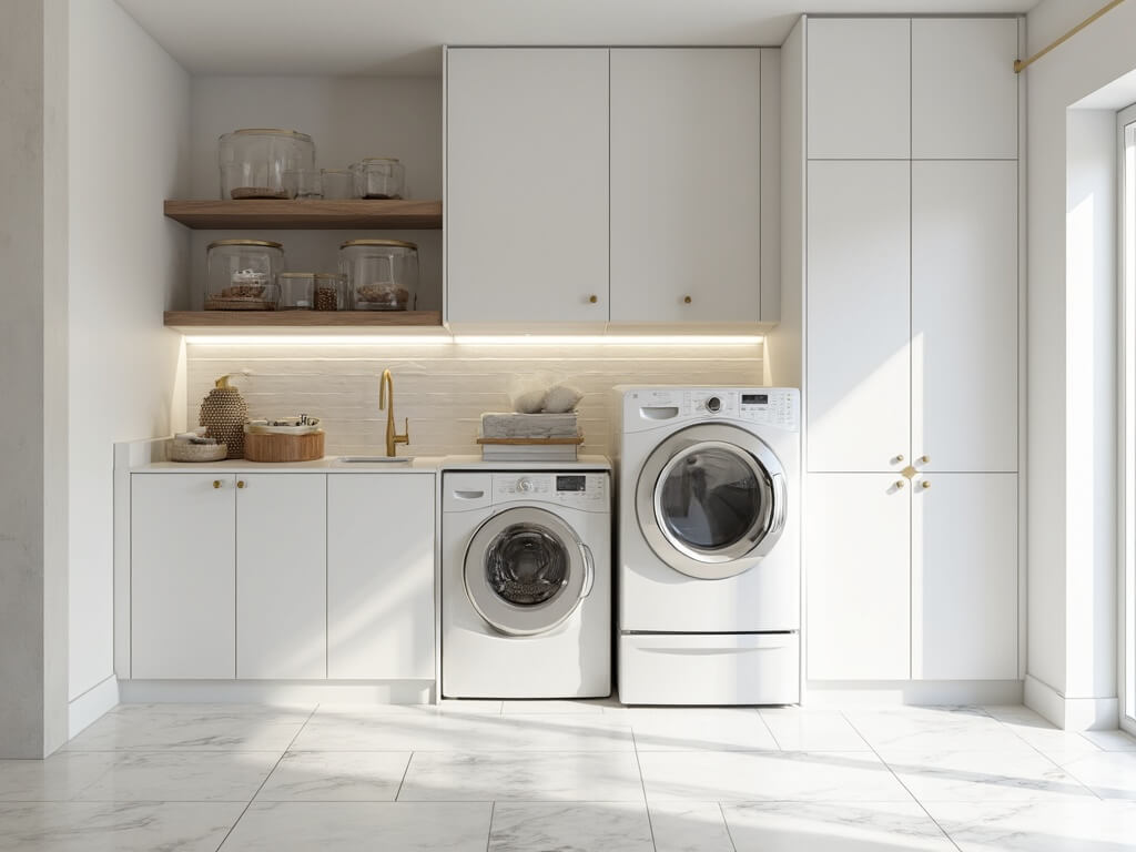 "Modern stacked laundry room with white LG washer, dryer and cabinetry featuring gold hardware, floating walnut shelves and marble-look vinyl flooring"