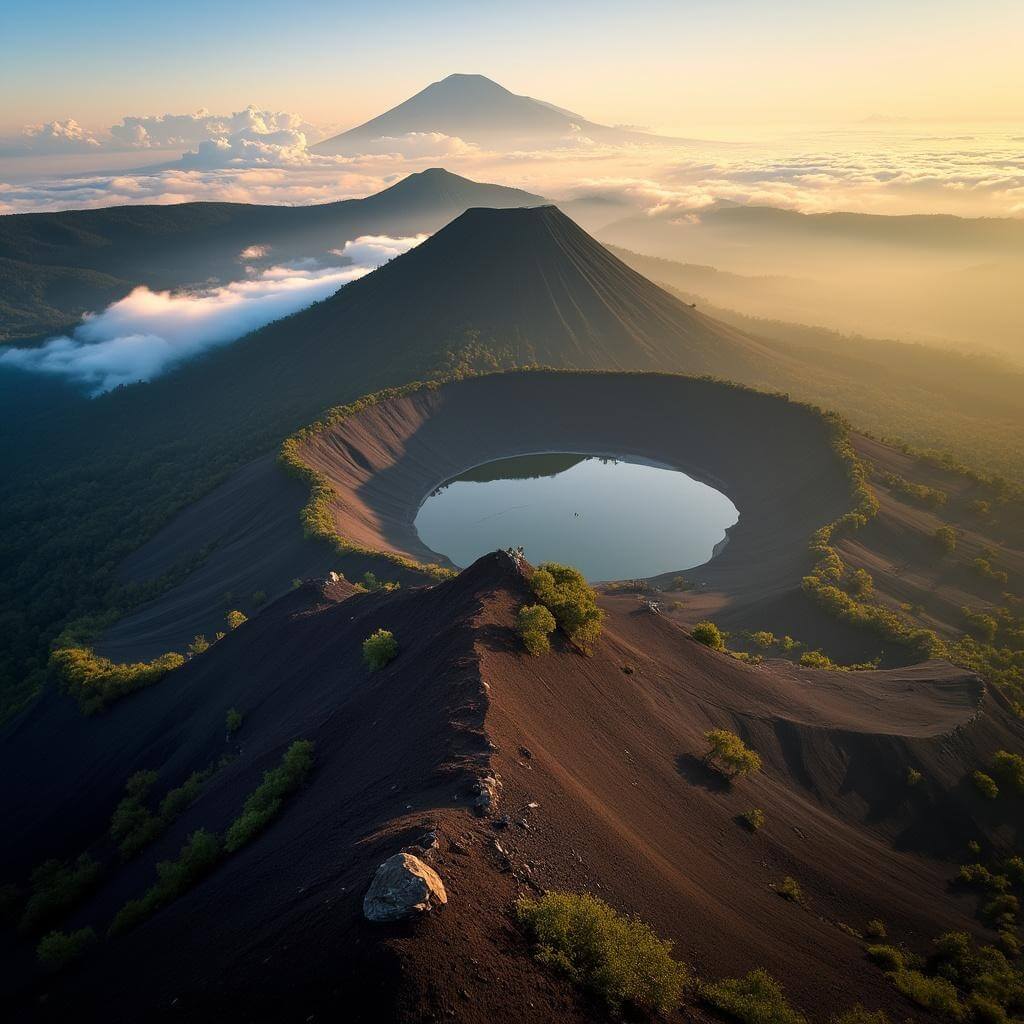 Aerial view of Mount Batur at sunrise with visible hiking trails, morning mist, long shadows across landscape, and small groups of trekkers for scale