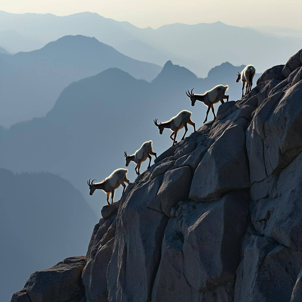 Small herd of mountain goats navigating steep cliffs near Black Elk Peak's summit, silhouetted against a misty mountain backdrop in early morning light