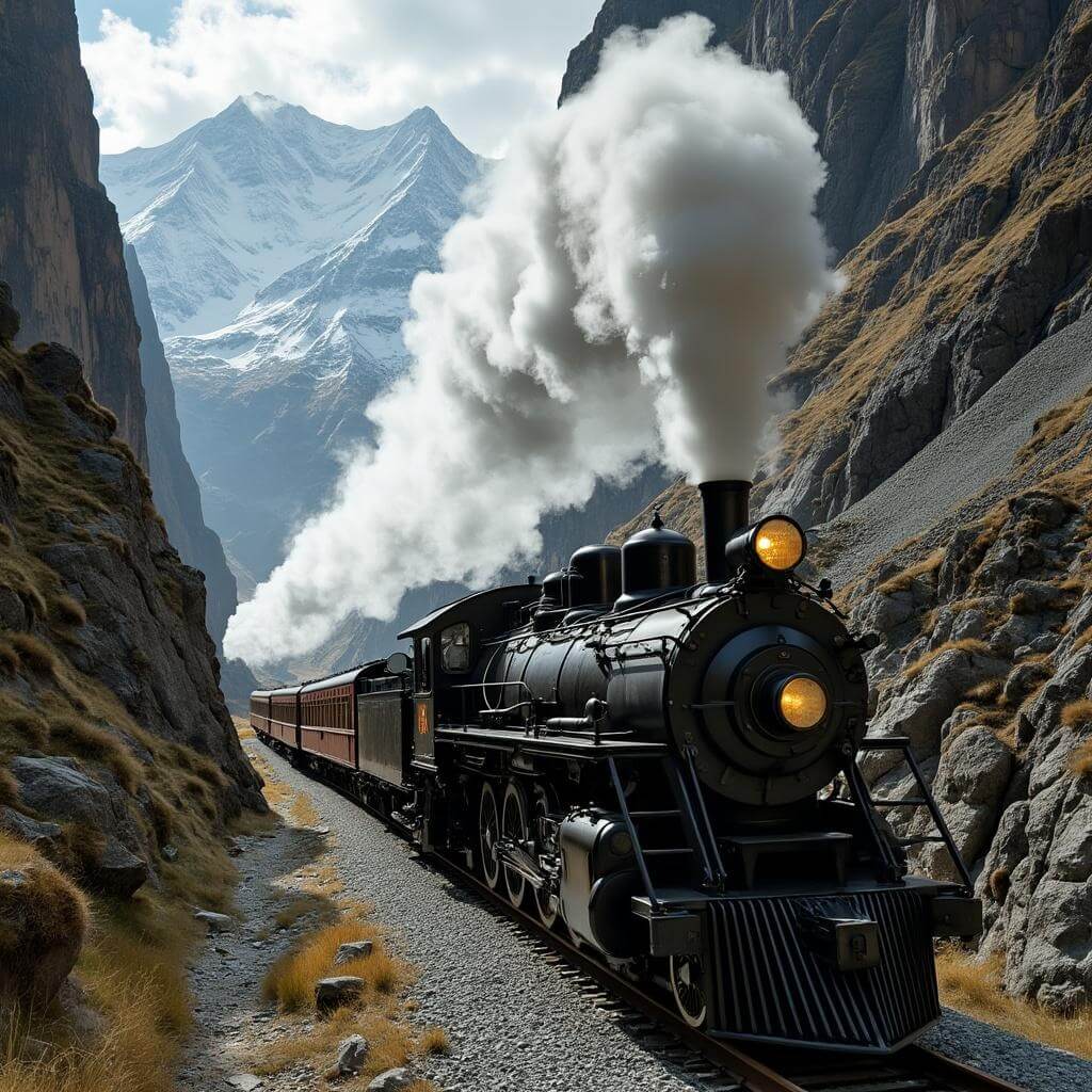 Vintage steam train traveling through narrow mountain pass with steep canyons and snowy peaks, sunlight piercing steam clouds, gleaming brass and black metal contrasting rugged scenery