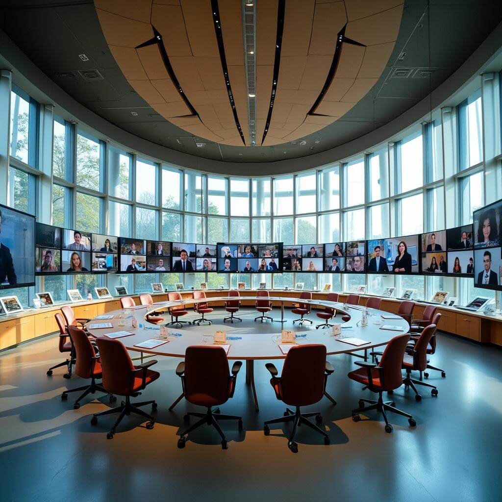 Museum collaboration space with modern chairs around a round table, floor-to-ceiling windows, screens displaying international conferences, and educational materials on the table