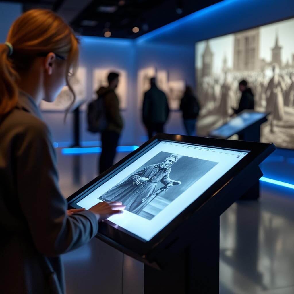 Touchscreen interactive station in a modern museum with blue ambient lighting displaying a historical photograph