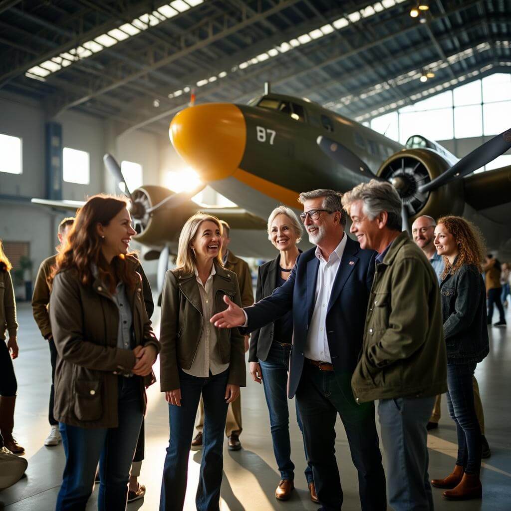 Diverse museum docents guiding visitors in hangar with sunlight highlighting a restored vintage military aircraft