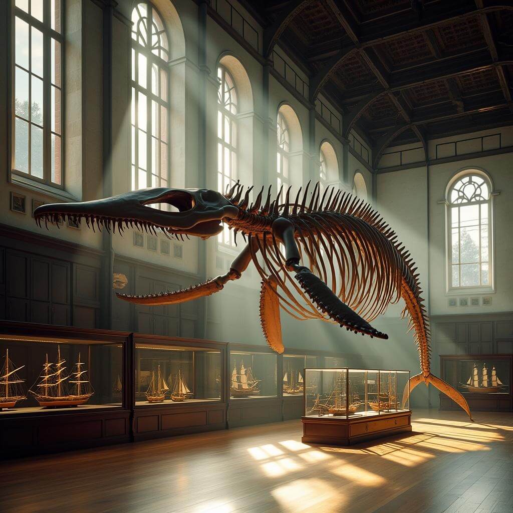 Whale skeleton hanging in a sunlit museum hall with wooden floors, ship models in glass cases, and tall windows casting morning light and shadows