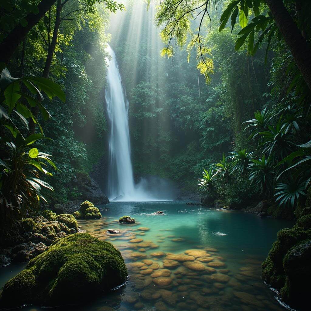 Mystical waterfall in a lush Fijian rainforest with emerald green vegetation, moss-covered rocks and a sunlit natural pool creating a mystical atmosphere