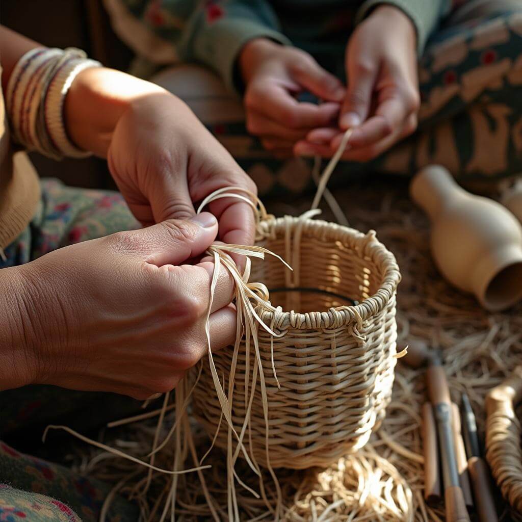 Native American hands meticulously weaving a traditional basket with intricate patterns in soft lighting, tools and materials in the background