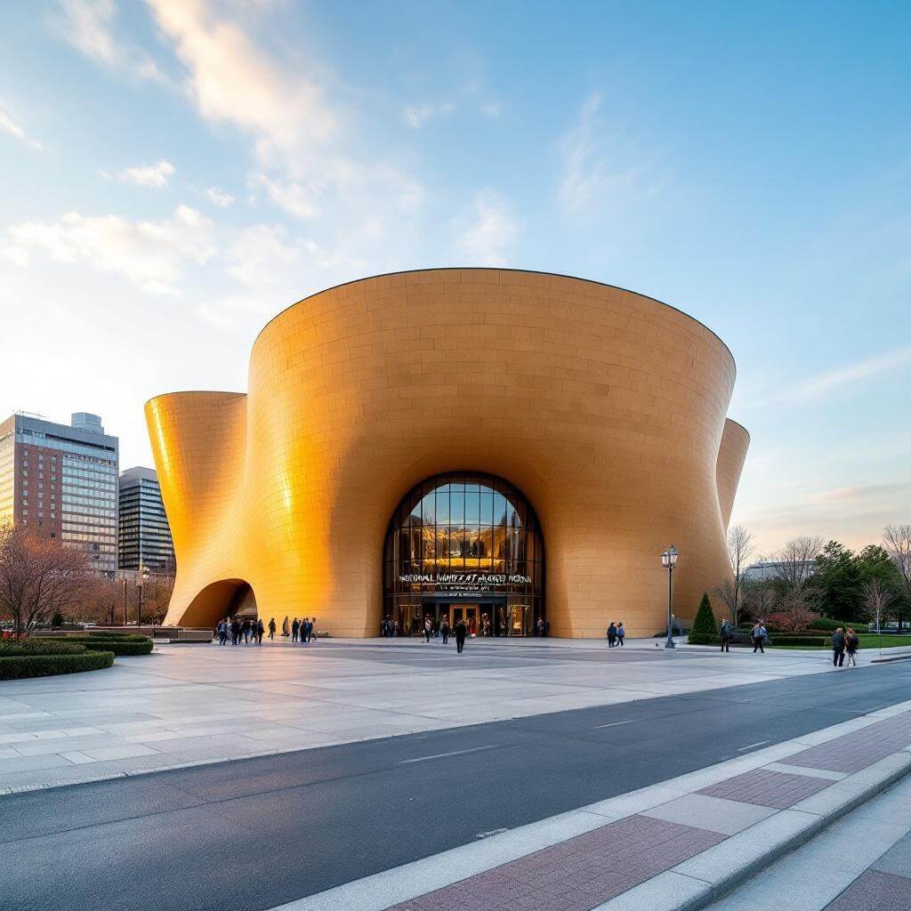 Golden limestone National Museum of the American Indian building with unique curved architecture in Washington D.C.