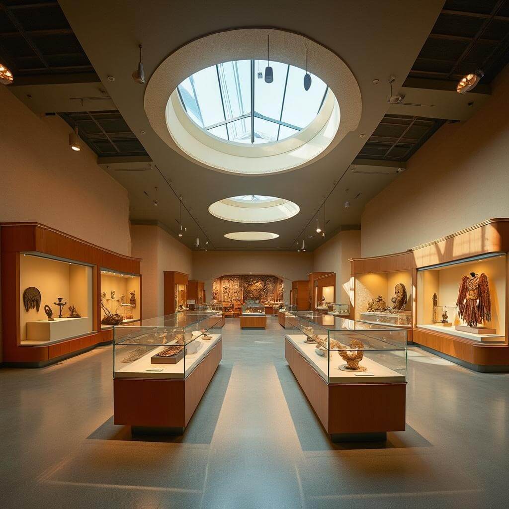 Contemporary museum exhibition hall with skylights illuminating Native American artifacts in circular glass display cases with warm wood finishes and earth-toned walls