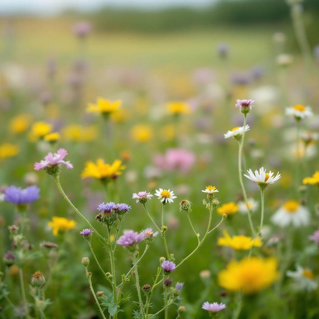 Diverse native wildflowers in different colors against a soft-focus prairie landscape