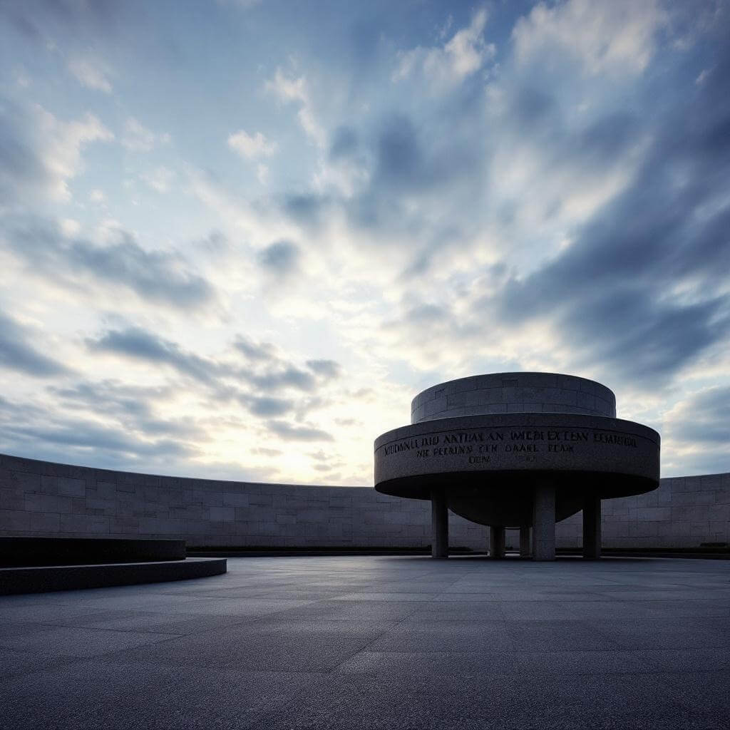 Dramatic image of the National Native American Veterans Memorial with focus on the circular structure and stone drum, symbolizing and honoring Native American military service