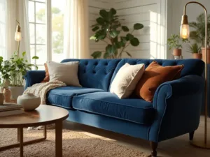 "Elegant living room with navy blue velvet sofa, brass accents, coastal textures, and warm neutral colors on a clean white background"