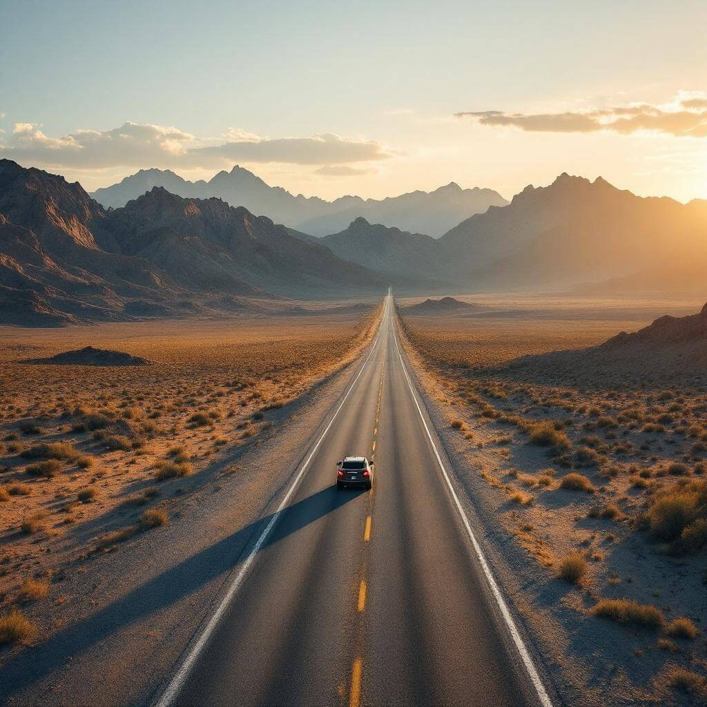 Lone vehicle driving on an isolated highway in the Nevada desert during golden hour with jagged mountains in the background and long shadows across the terrain