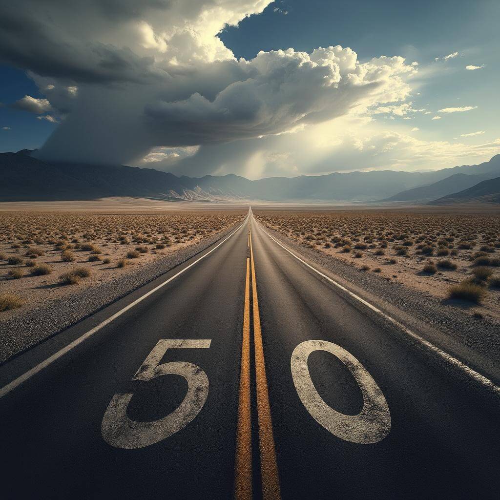 Highway 50 cutting through Nevada's desert under dramatic storm clouds, with distant mountains on both sides and the afternoon sun casting long shadows