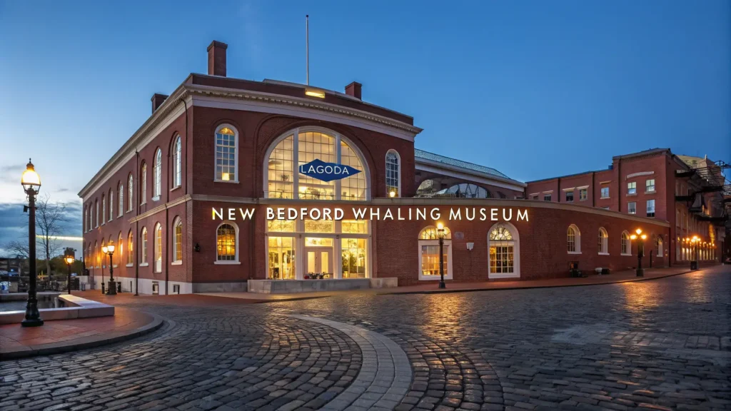 "Dusk view of New Bedford Whaling Museum's facade with blue whale skeleton, Lagoda ship model, cobblestone street, whale oil lamp post, and twilight sky."