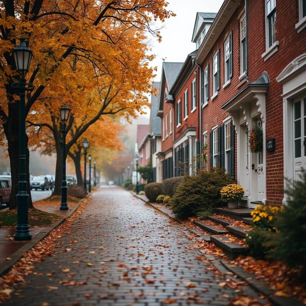 Charming New England village main street in Woodstock with historic brick buildings, vibrant fall-colored maple trees, and cobblestone sidewalks on an overcast autumn morning