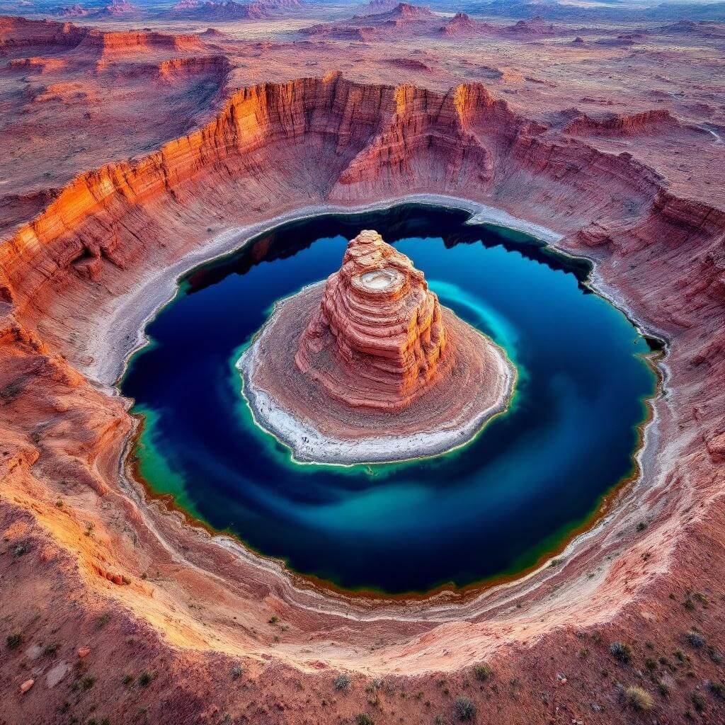 Aerial view of the Blue Hole in New Mexico during sunset, displaying its circular shape and striking blue water contrasted against the barren landscape with no people in sight